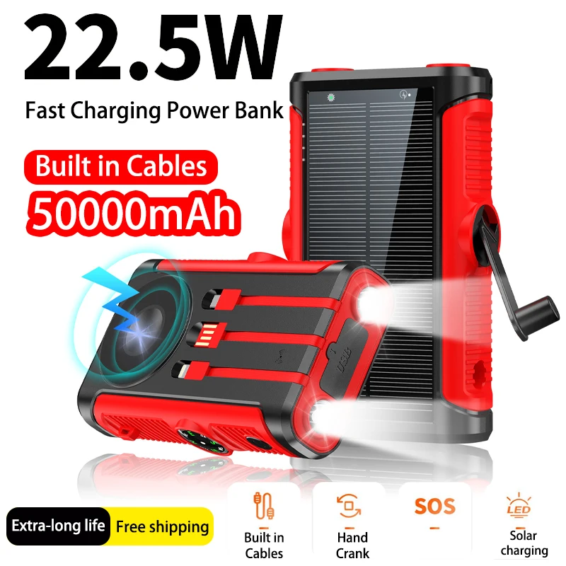 50000mAh Solar Power Bank 22.5W Magnetic Wireless Charging Camping Powerbank with Cables External Battery for IPhone Magsafe